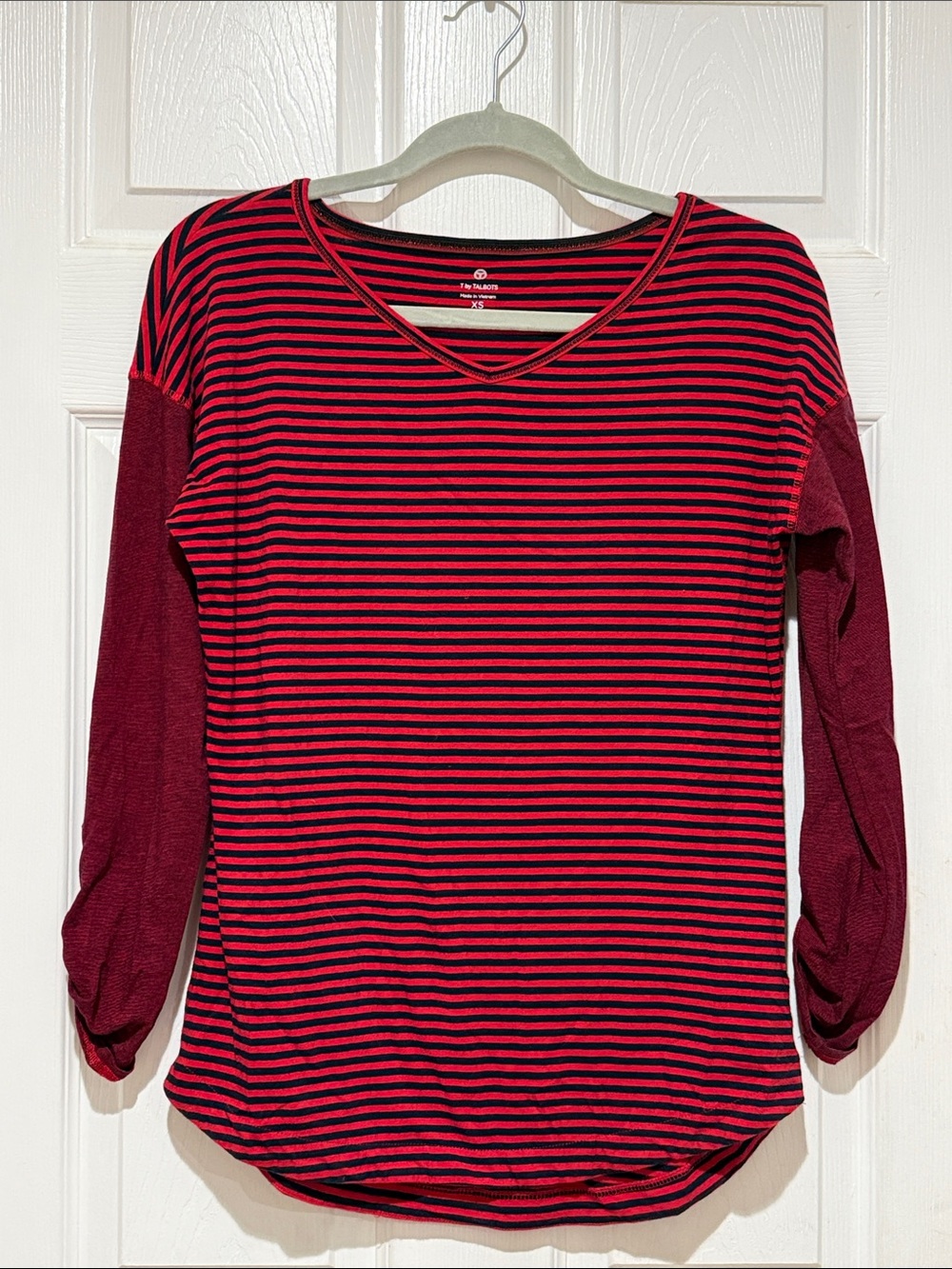 Talbots Red & Black Striped V-Neck Long Sleeve Top
